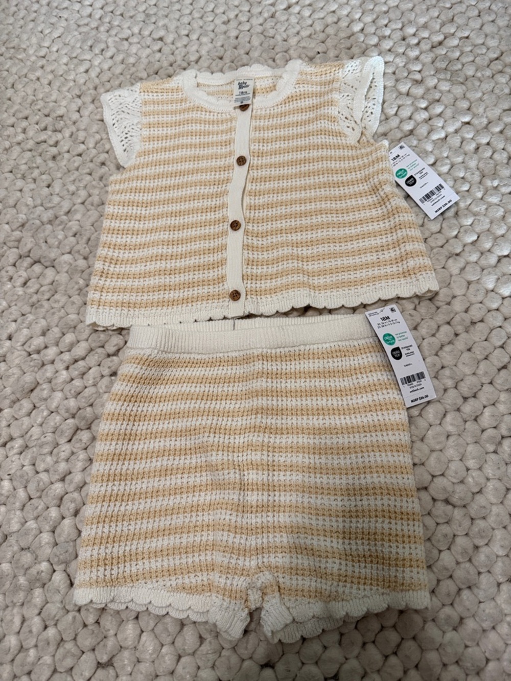 NWTBaby B’gosh Kids Striped Knit Button Front Top & Shorts Set - Cream & Tan 18M